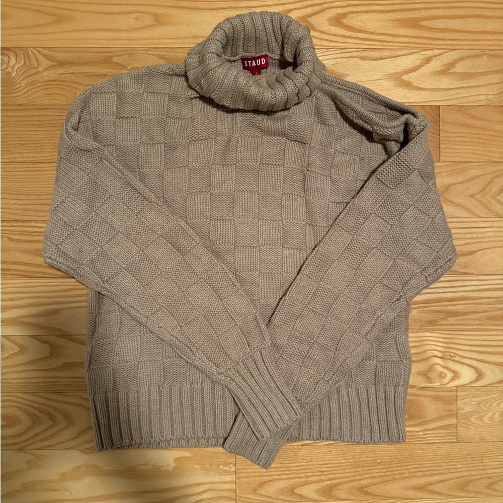 STAUD Beige Turtleneck Cotton Wool Checkered Cold Shoulder Sweater Size Small